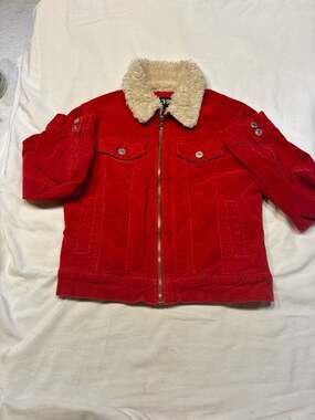 AC-3998 Red Corduroy Sherpa Collar Zip-Up Trucker Jacket Size M